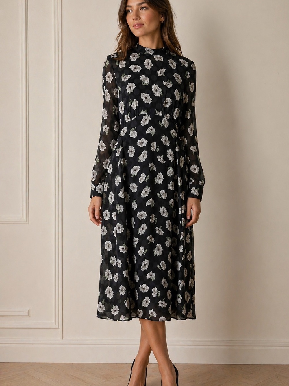 Zara Black Floral Long-Sleeve Midi Dress